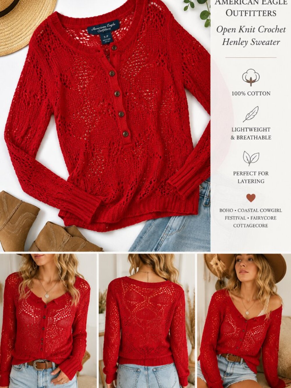 American Eagle Open Knit Cotton Sweater Red Boho Fairycore Coastal Cowgirl Small